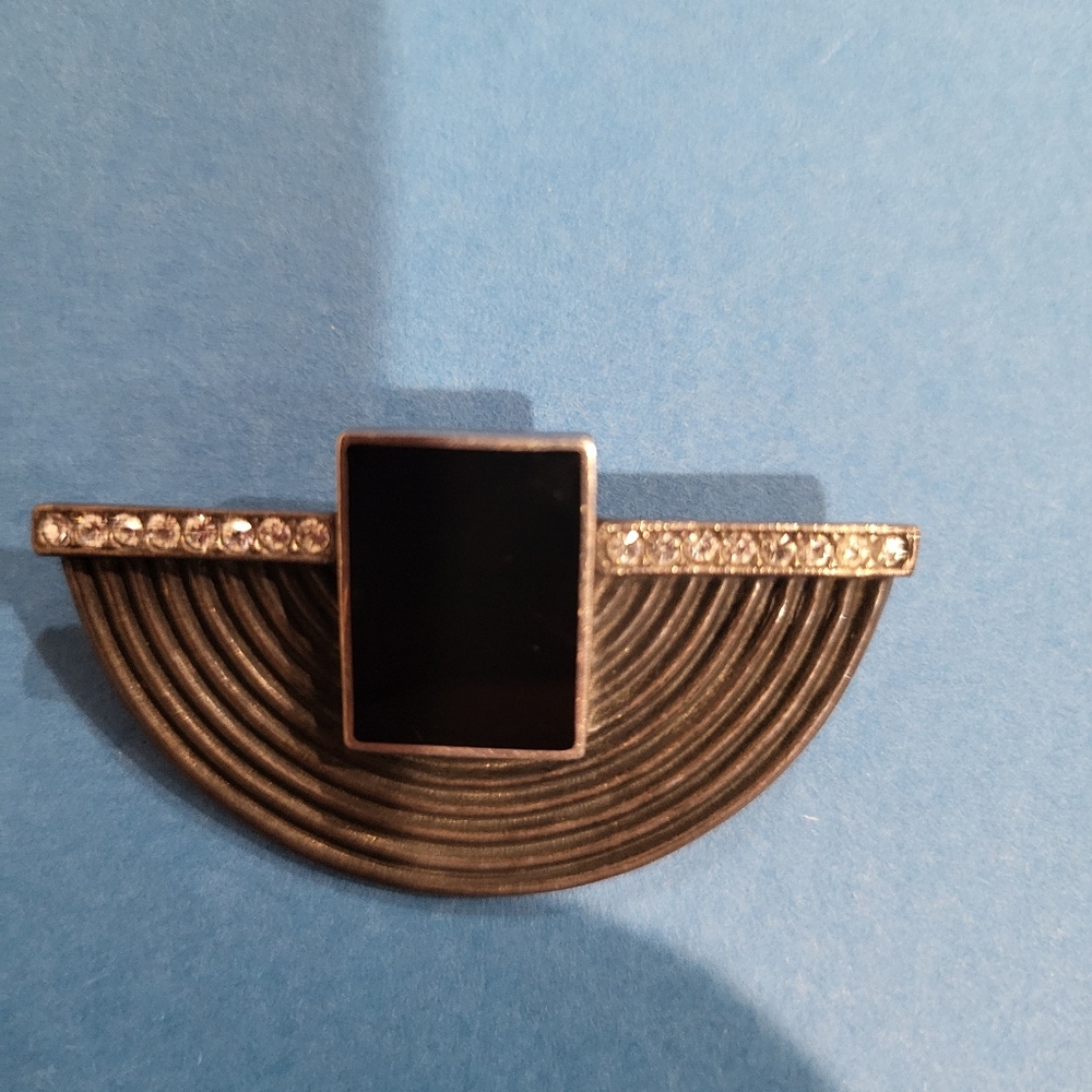 Stanning Vintage Art Deco Style. Sterling Silver 925 Black Onyx And Crystal Pin - Picture 3 of 6